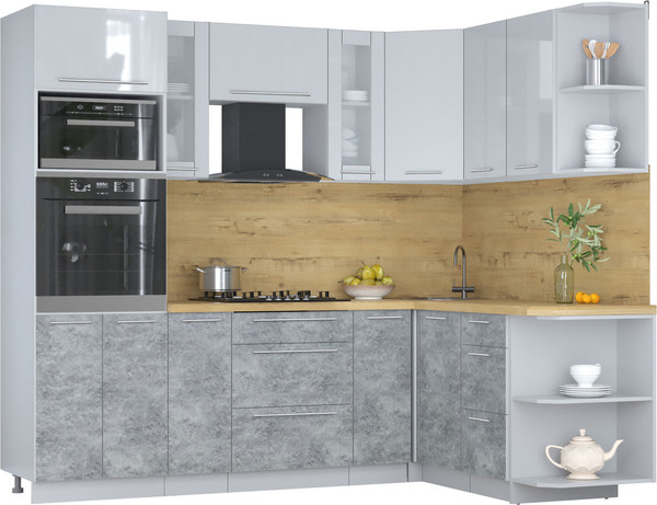 Изображение товара Кухонный гарнитур Интерлиния Мила Пластик 1.68x2.4 PR (туманный глянец/мрамор/дуб бунратти)