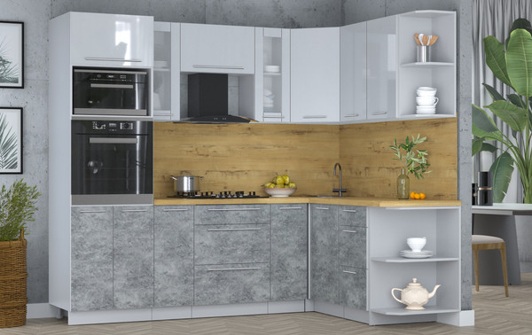 Изображение товара Кухонный гарнитур Интерлиния Мила Пластик 1.68x2.4 PR (туманный глянец/мрамор/дуб бунратти)