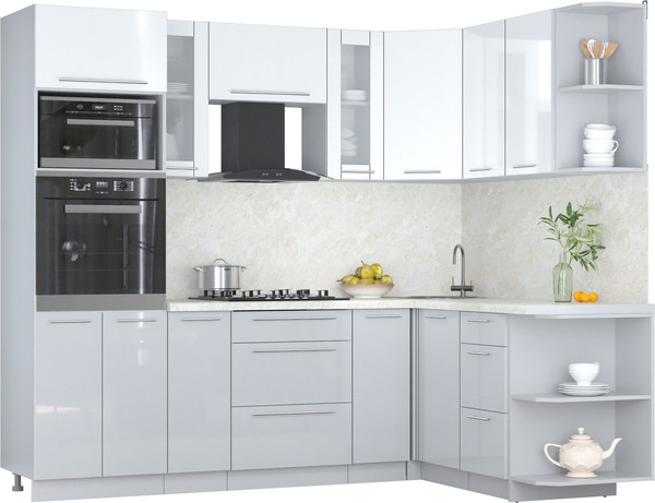 Изображение товара Кухонный гарнитур Интерлиния Мила Пластик 1.68x2.4 PR (белый глянец/туманный глянец/опал светлый)