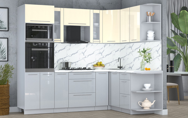 Изображение товара Кухонный гарнитур Интерлиния Мила Пластик 1.68x2.4 PR (ваниль глянец/туманный глянец/белый гранит)