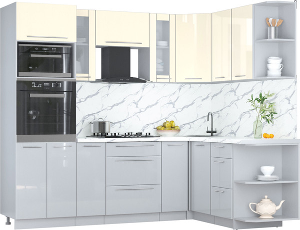 Изображение товара Кухонный гарнитур Интерлиния Мила Пластик 1.68x2.4 PR (ваниль глянец/туманный глянец/белый гранит)