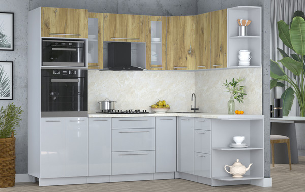 Изображение товара Кухонный гарнитур Интерлиния Мила Пластик 1.68x2.4 PR (дуб эпоксид/туманный глянец/опал светлый)