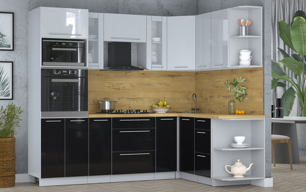 Изображение товара Кухонный гарнитур Интерлиния Мила Пластик 1.68x2.4 PR (туманный глянец/черный глянец/дуб бунратти)