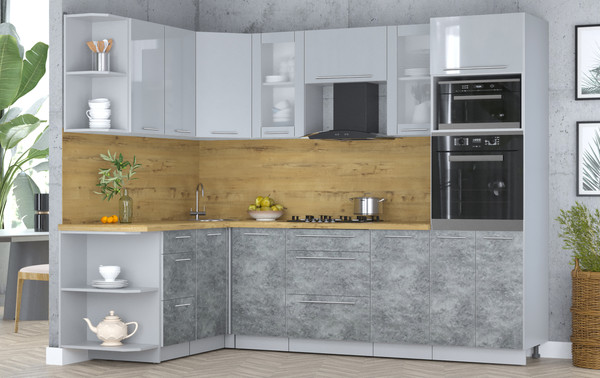 Изображение товара Кухонный гарнитур Интерлиния Мила Пластик 1.68x2.6 LV (туманный глянец/мрамор/дуб бунратти)