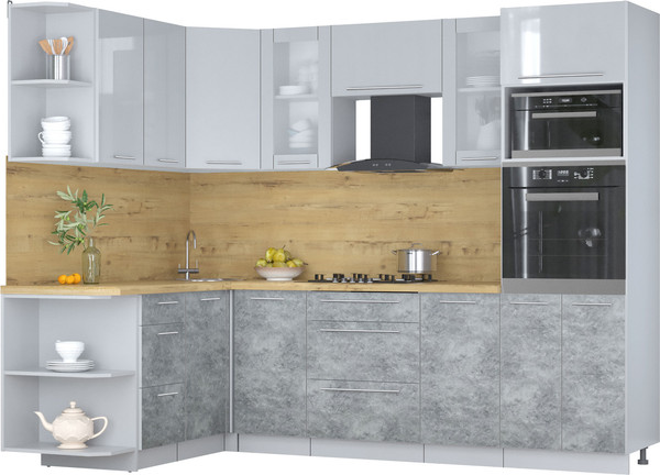 Изображение товара Кухонный гарнитур Интерлиния Мила Пластик 1.68x2.6 LV (туманный глянец/мрамор/дуб бунратти)
