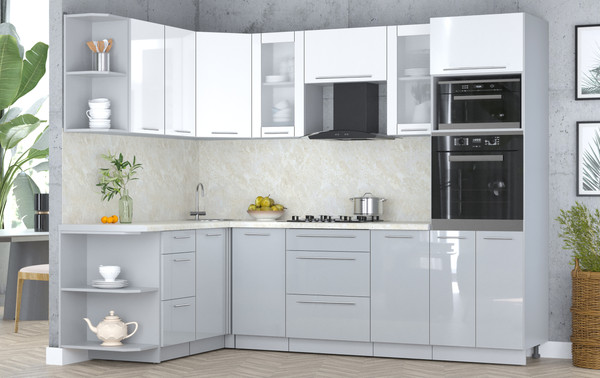 Изображение товара Кухонный гарнитур Интерлиния Мила Пластик 1.68x2.6 LV (белый глянец/туманный глянец/опал светлый)