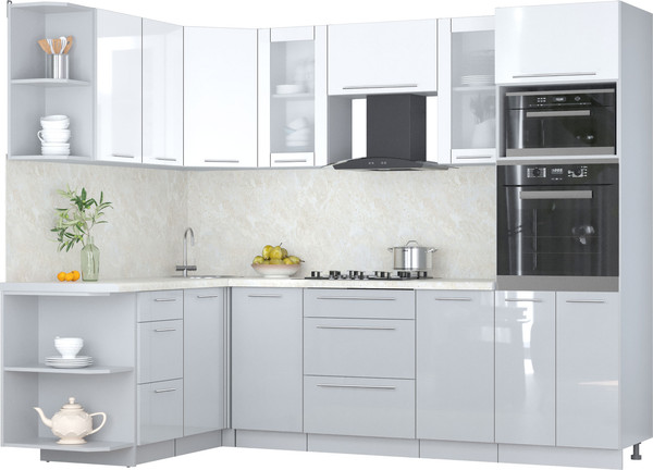 Изображение товара Кухонный гарнитур Интерлиния Мила Пластик 1.68x2.6 LV (белый глянец/туманный глянец/опал светлый)