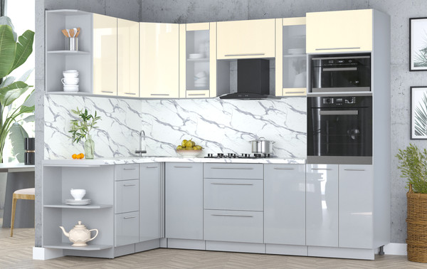 Изображение товара Кухонный гарнитур Интерлиния Мила Пластик 1.68x2.6 LV (ваниль/туманный глянец/белый гранит)