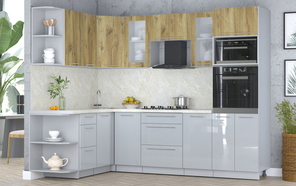 Изображение товара Кухонный гарнитур Интерлиния Мила Пластик 1.68x2.6 LV (дуб эпоксид/туманный глянец/опал светлый)