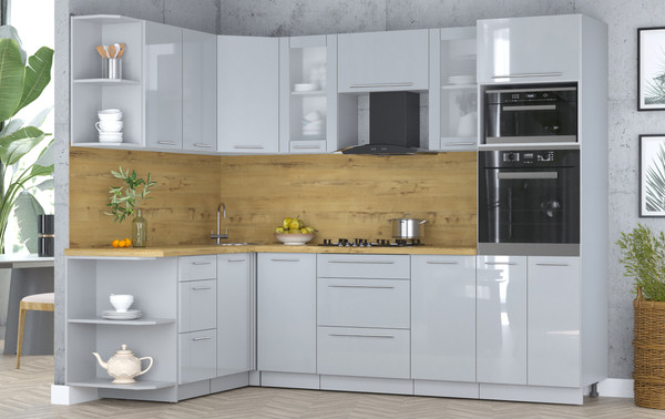 Изображение товара Кухонный гарнитур Интерлиния Мила Пластик 1.68x2.6 LV (туманный глянец/туманный глянец/дуб бунратти)