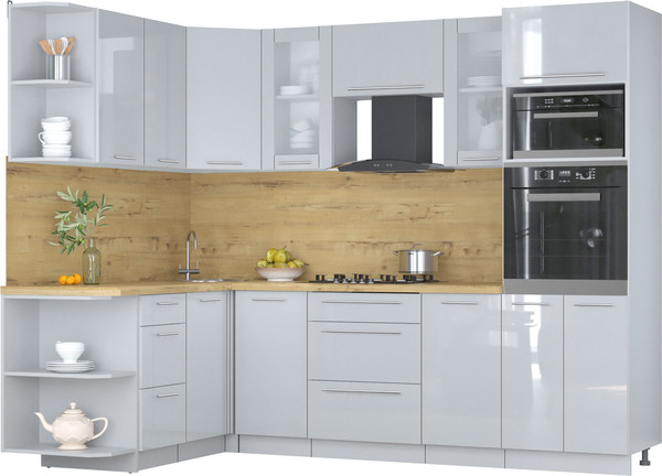 Изображение товара Кухонный гарнитур Интерлиния Мила Пластик 1.68x2.6 LV (туманный глянец/туманный глянец/дуб бунратти)