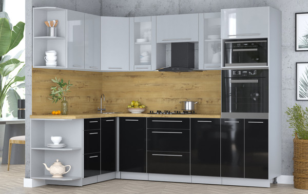 Изображение товара Кухонный гарнитур Интерлиния Мила Пластик 1.68x2.6 LV (туманный глянец/черный глянец/дуб бунратти)