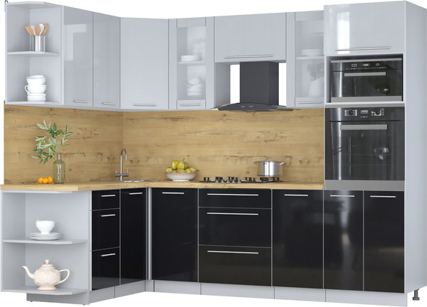 Изображение товара Кухонный гарнитур Интерлиния Мила Пластик 1.68x2.6 LV (туманный глянец/черный глянец/дуб бунратти)