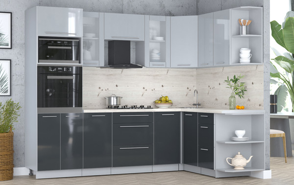 Изображение товара Кухонный гарнитур Интерлиния Мила Пластик 1.68x2.6 PR (туманный глянец/антрацит/бискайская сосна)