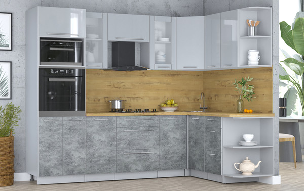 Изображение товара Кухонный гарнитур Интерлиния Мила Пластик 1.68x2.6 PR (туманный глянец/мрамор/дуб бунратти)