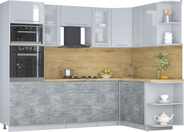 Изображение товара Кухонный гарнитур Интерлиния Мила Пластик 1.68x2.6 PR (туманный глянец/мрамор/дуб бунратти)