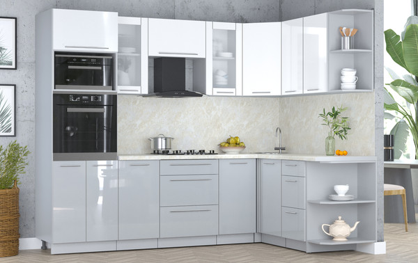 Изображение товара Кухонный гарнитур Интерлиния Мила Пластик 1.68x2.6 PR (белый глянец/туманный глянец/опал светлый)