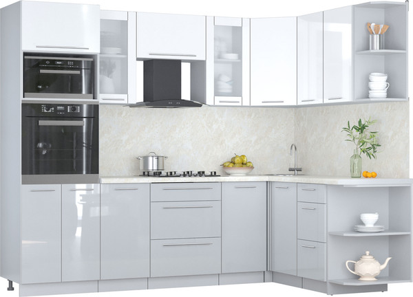 Изображение товара Кухонный гарнитур Интерлиния Мила Пластик 1.68x2.6 PR (белый глянец/туманный глянец/опал светлый)