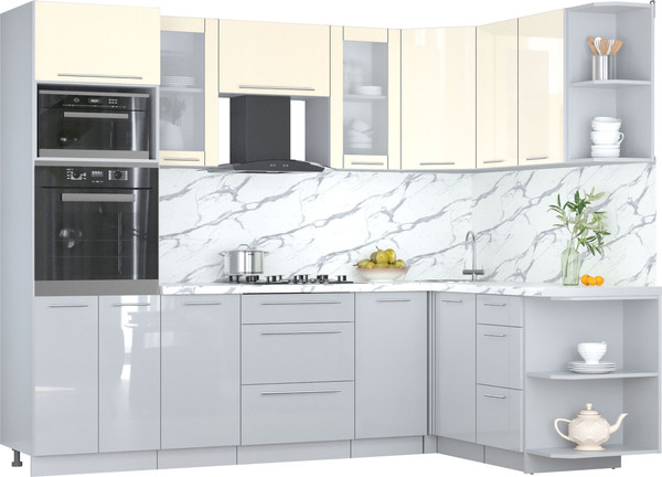 Изображение товара Кухонный гарнитур Интерлиния Мила Пластик 1.68x2.6 PR (ваниль глянец/туманный глянец/белый гранит)