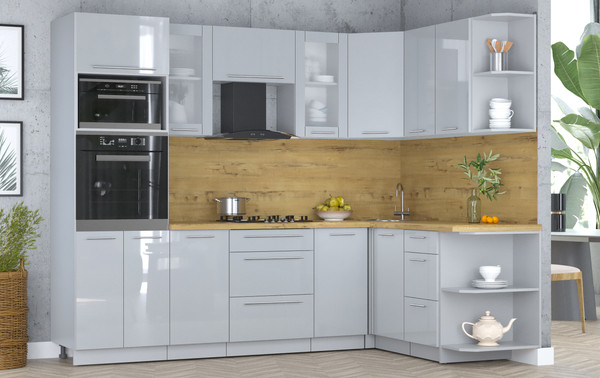 Изображение товара Кухонный гарнитур Интерлиния Мила Пластик 1.68x2.6 PR (туманный глянец/туманный глянец/дуб бунратти)