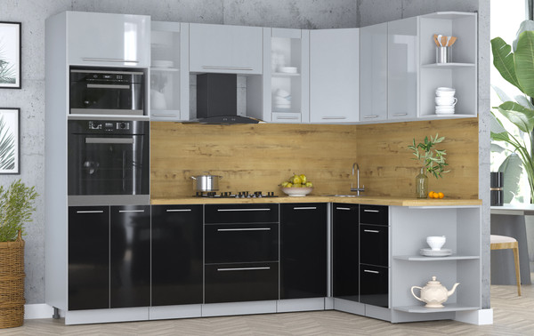 Изображение товара Кухонный гарнитур Интерлиния Мила Пластик 1.68x2.6 PR (туманный глянец/черный глянец/дуб бунратти)