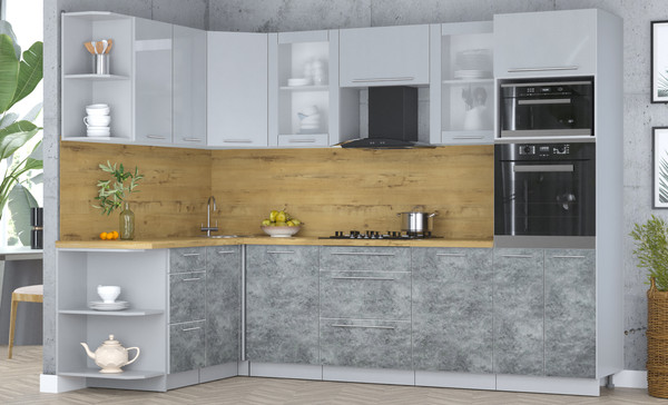 Изображение товара Кухонный гарнитур Интерлиния Мила Пластик 1.68x2.8 LV (туманный глянец/мрамор/дуб бунратти)