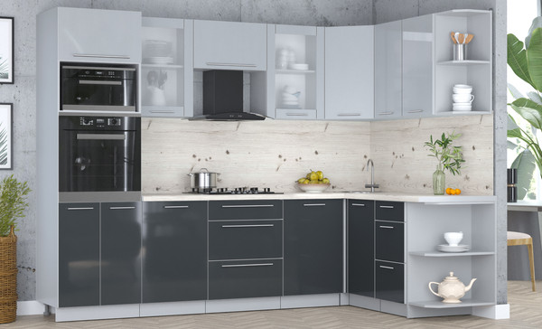 Изображение товара Кухонный гарнитур Интерлиния Мила Пластик 1.68x2.8 PR (туманный глянец/антрацит/бискайская сосна)