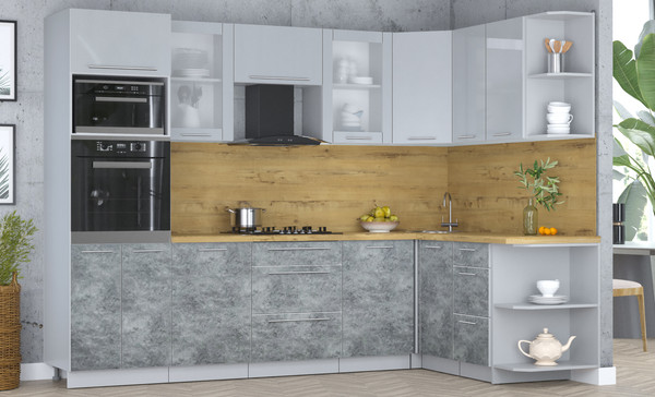 Изображение товара Кухонный гарнитур Интерлиния Мила Пластик 1.68x2.8 PR (туманный глянец/мрамор/дуб бунратти)