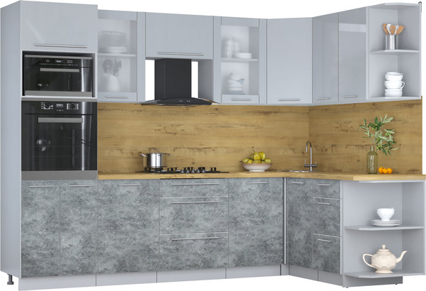 Изображение товара Кухонный гарнитур Интерлиния Мила Пластик 1.68x2.8 PR (туманный глянец/мрамор/дуб бунратти)