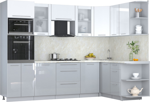 Изображение товара Кухонный гарнитур Интерлиния Мила Пластик 1.68x2.8 PR (белый глянец/туманный глянец/опал светлый)