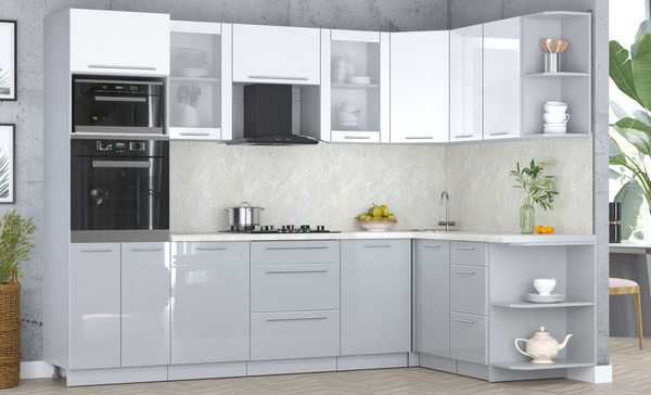 Изображение товара Кухонный гарнитур Интерлиния Мила Пластик 1.68x2.8 PR (белый глянец/туманный глянец/опал светлый)