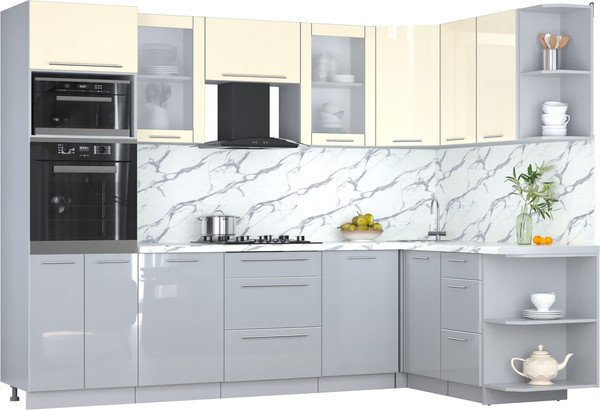 Изображение товара Кухонный гарнитур Интерлиния Мила Пластик 1.68x2.8 PR (ваниль/туманный глянец/белый гранит)