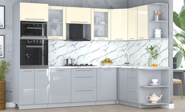 Изображение товара Кухонный гарнитур Интерлиния Мила Пластик 1.68x2.8 PR (ваниль/туманный глянец/белый гранит)