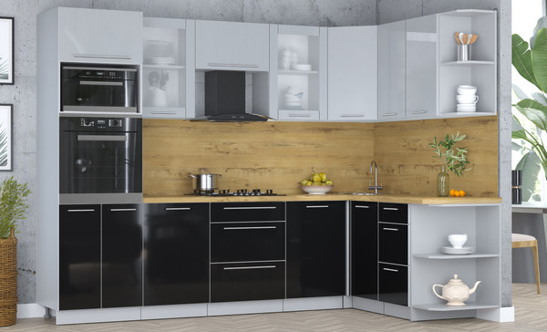 Изображение товара Кухонный гарнитур Интерлиния Мила Пластик 1.68x2.8 PR (туманный глянец/черный глянец/дуб бунратти)