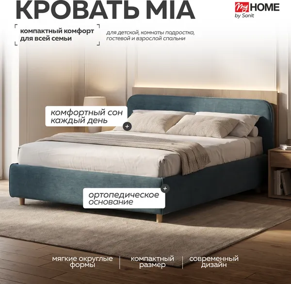 Изображение товара Двуспальная кровать Sonit Mia 160x200 шенилл Eclipse (15 синий)