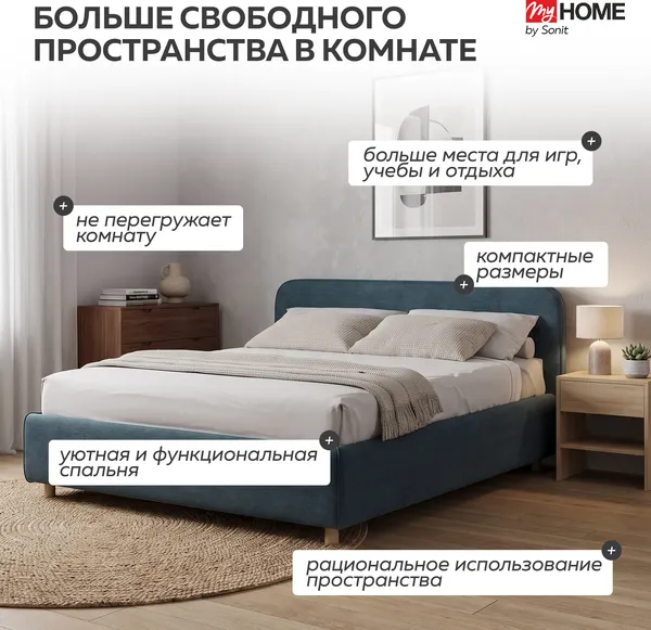 Изображение товара Односпальная кровать Sonit Mia 90x200 шенилл Eclipse (15 синий)