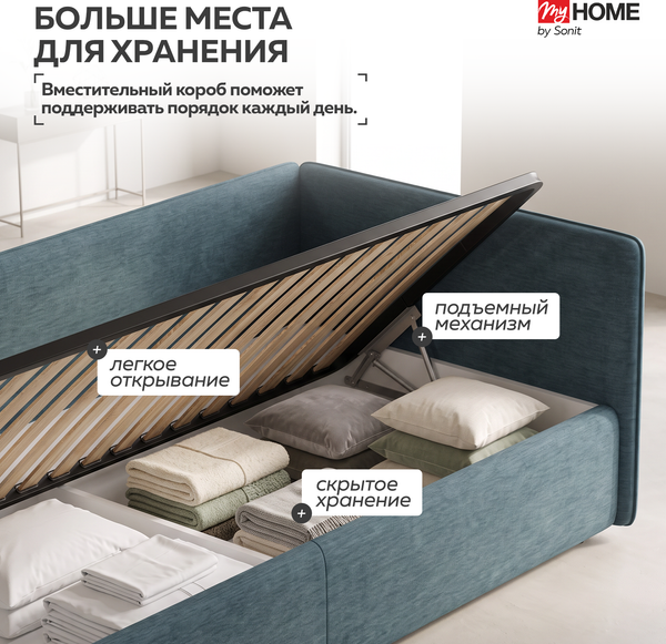 Изображение товара Кровать-тахта Sonit Nicole левый 90x200 шенилл Eclipse  (15 синий)