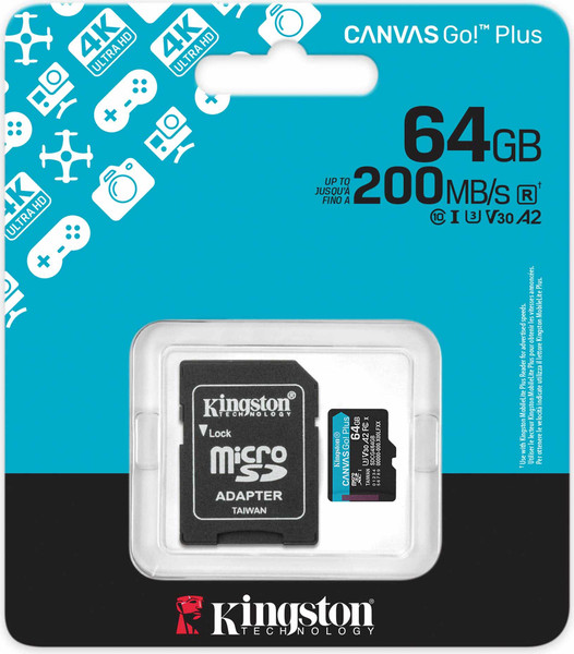 Изображение товара Карта памяти Kingston Canvas Go! Plus MicroSDXC 64GB 10 UHS-I U3 SDCG4/64GB (с адаптером)