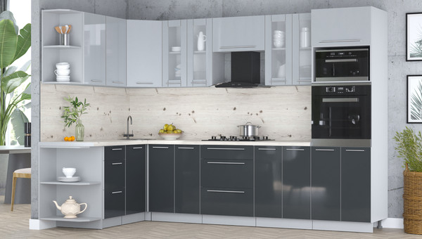 Изображение товара Кухонный гарнитур Интерлиния Мила Пластик 1.68x3.0 LV (туманный глянец/антрацит/бискайская сосна)