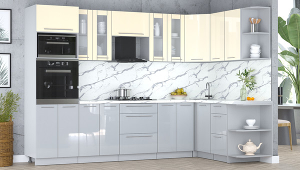 Изображение товара Кухонный гарнитур Интерлиния Мила Пластик 1.68x3.0 PR (ваниль/туманный глянец/белый гранит)