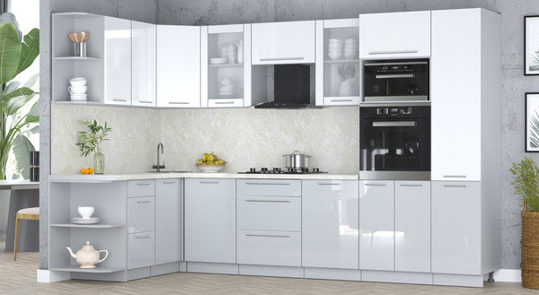 Изображение товара Кухонный гарнитур Интерлиния Мила Пластик 1.68x3.2 LV (белый глянец/туманный глянец/опал светлый)