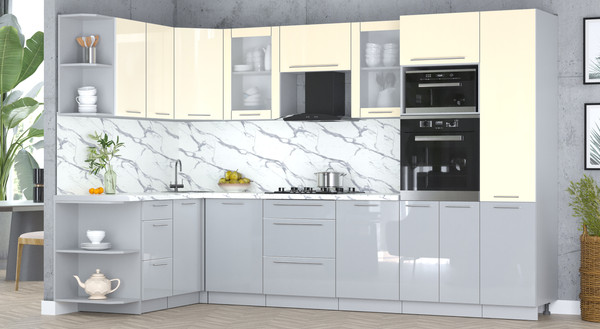 Изображение товара Кухонный гарнитур Интерлиния Мила Пластик 1.68x3.2 LV (ваниль/туманный глянец/белый гранит)