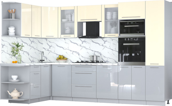 Изображение товара Кухонный гарнитур Интерлиния Мила Пластик 1.68x3.2 LV (ваниль/туманный глянец/белый гранит)