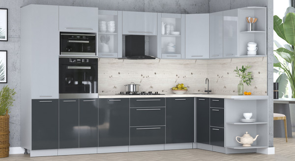 Изображение товара Кухонный гарнитур Интерлиния Мила Пластик 1.68x3.2 PR (туманный глянец/антрацит/бискайская сосна)