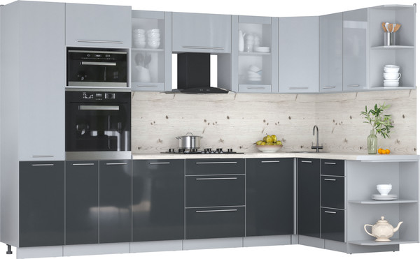 Изображение товара Кухонный гарнитур Интерлиния Мила Пластик 1.68x3.2 PR (туманный глянец/антрацит/бискайская сосна)