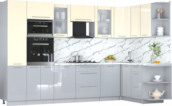 Изображение товара Кухонный гарнитур Интерлиния Мила Пластик 1.68x3.2 PR (ваниль/туманный глянец/белый гранит)