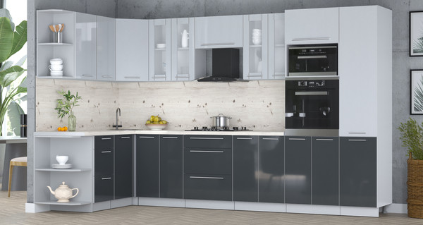 Изображение товара Кухонный гарнитур Интерлиния Мила Пластик 1.68x3.4 LV (туманный глянец/антрацит/бискайская сосна)