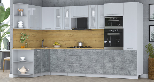 Изображение товара Кухонный гарнитур Интерлиния Мила Пластик 1.68x3.4 LV (туманный глянец/мрамор/дуб бунратти)