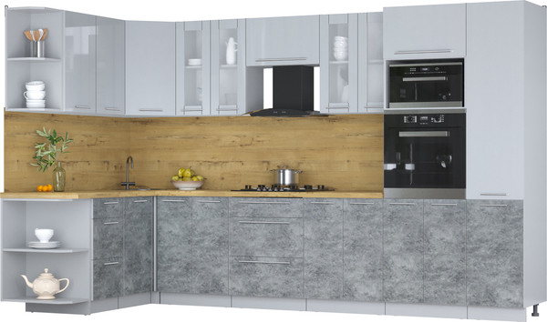 Изображение товара Кухонный гарнитур Интерлиния Мила Пластик 1.68x3.4 LV (туманный глянец/мрамор/дуб бунратти)