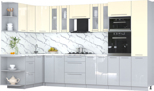 Изображение товара Кухонный гарнитур Интерлиния Мила Пластик 1.68x3.4 LV (ваниль/туманный глянец/белый гранит)